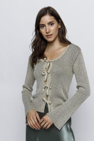 SILVERY GOLD GLITTER RIBBED KNIT FRONT TIE TOP