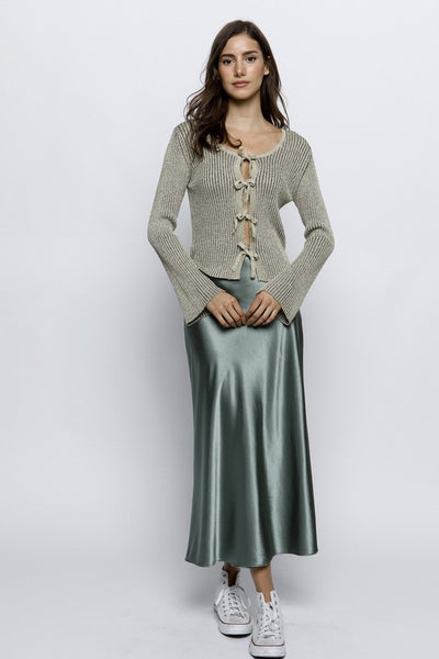 SILVERY GOLD GLITTER RIBBED KNIT FRONT TIE TOP