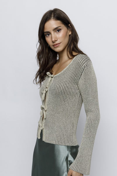 SILVERY GOLD GLITTER RIBBED KNIT FRONT TIE TOP