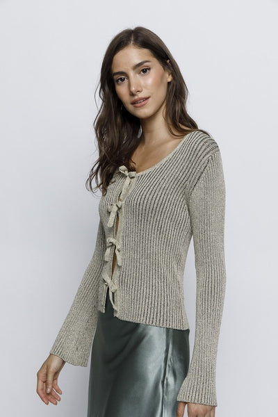 SILVERY GOLD GLITTER RIBBED KNIT FRONT TIE TOP