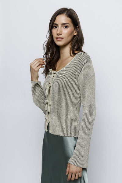 SILVERY GOLD GLITTER RIBBED KNIT FRONT TIE TOP