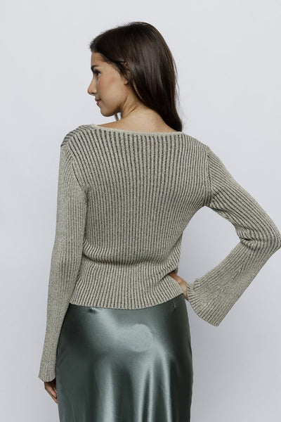 SILVERY GOLD GLITTER RIBBED KNIT FRONT TIE TOP