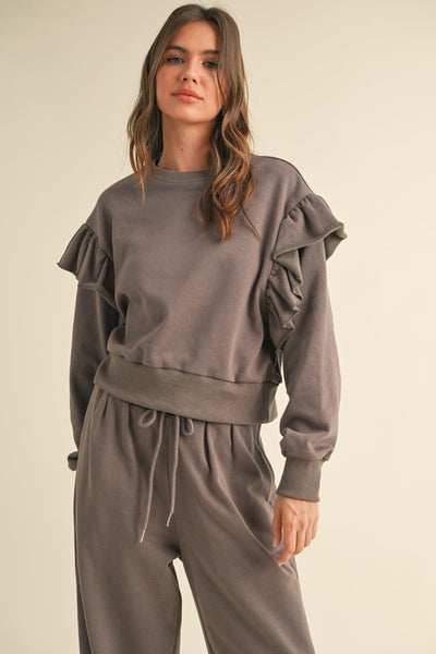 RUFFLE DETAIL SWEATSHIRT MOCHA