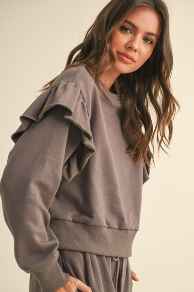 RUFFLE DETAIL SWEATSHIRT MOCHA