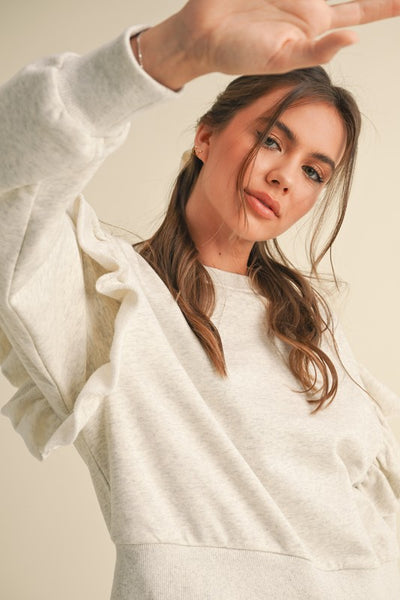 RUFFLE DETAIL SWEATSHIRT HEATHER GREY