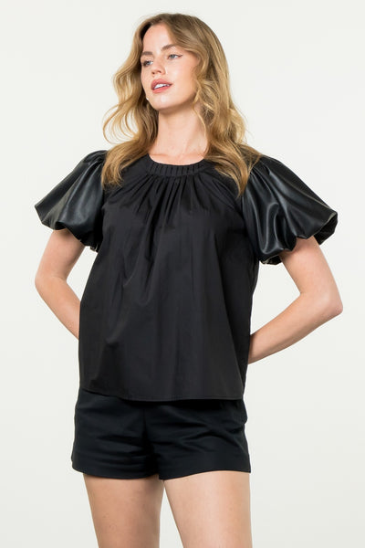 THML POPPY BLACK FAUX LEATHER PUFF SLEEVE TOP