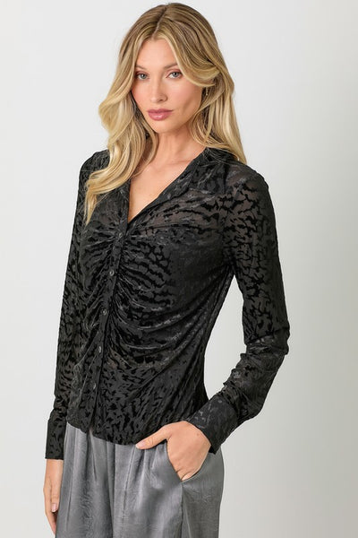 ANIMAL PRINT BURNOUT VELVET GATHERED FITTED TOP