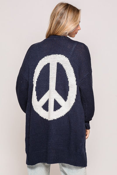 PEACE SIGN OPEN KNIT CARDIGAN NAVY WHITE