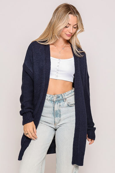 PEACE SIGN OPEN KNIT CARDIGAN NAVY WHITE