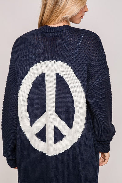 PEACE SIGN OPEN KNIT CARDIGAN NAVY WHITE