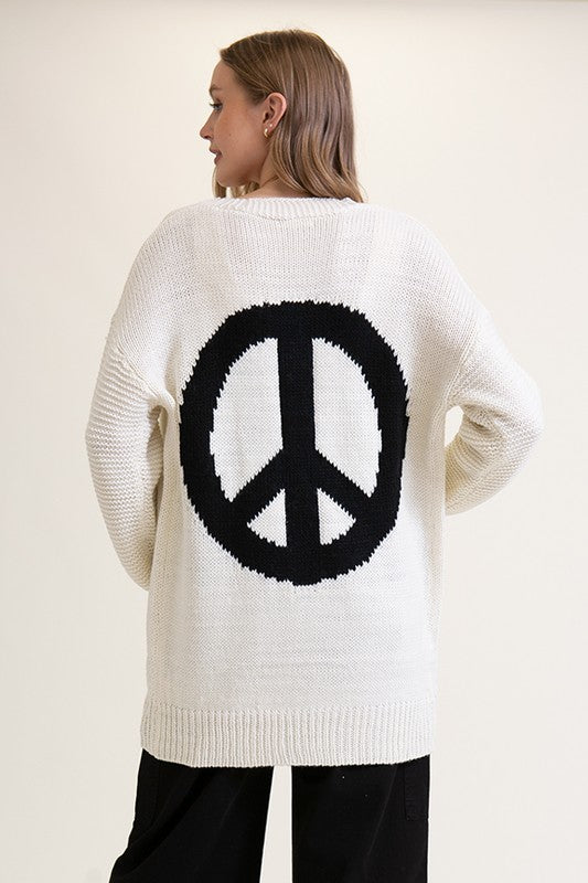 PEACE SIGN OPEN KNIT CARDIGAN IVORY BLACK