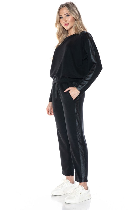 ARIELLA BLACK STRAIGHT LEG PANT WITH FAUX LEATHER DETAIL