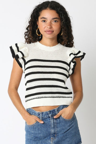 OLIVACEOUS OFF WHITE BLACK ABIGAIL STRIPED TOP