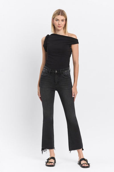 VERVET HIGH RISE RAW STEP HEM CROP FLARE JEANS RAVEN