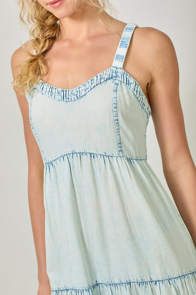 WASHED BLUE DENIM TENCEL TIERED DRESS
