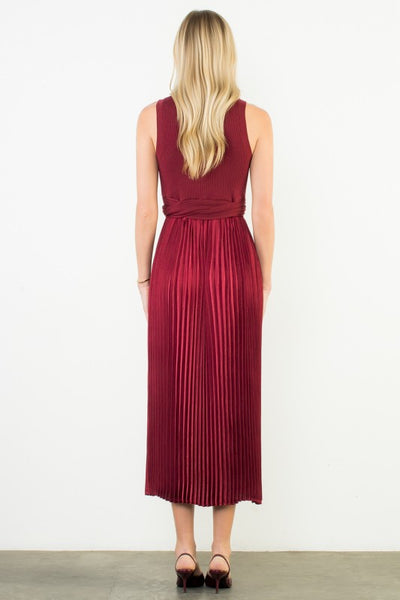 THML BURGUNDY SLEEVELESS MIXED MEDIA DRESS