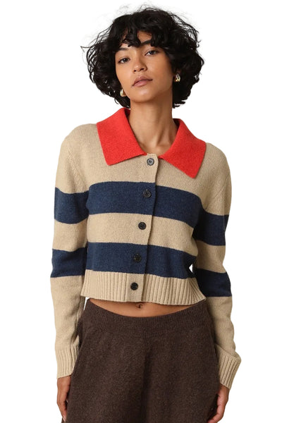 OLIVACEOUS CONTRAST COLLAR STRIPE CARDIGAN