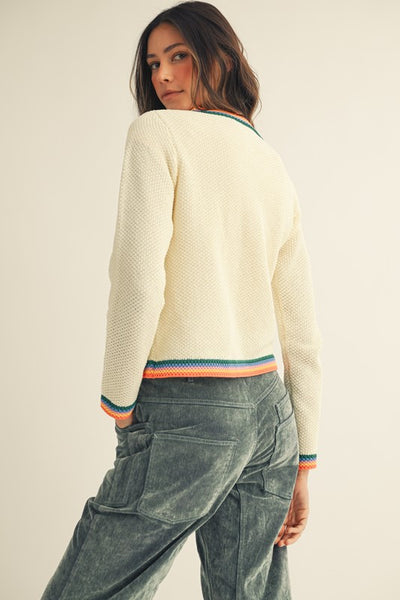 IVORY RAINBOW TRIM SWEATER CARDIGAN