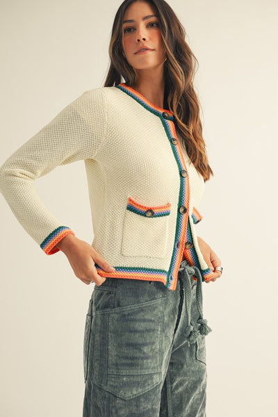 IVORY RAINBOW TRIM SWEATER CARDIGAN