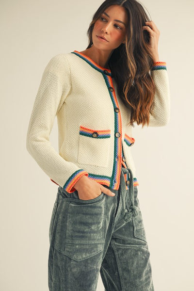IVORY RAINBOW TRIM SWEATER CARDIGAN