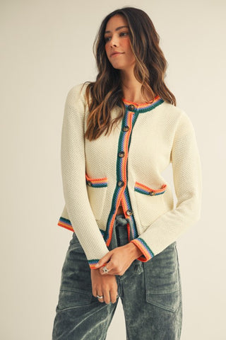 IVORY RAINBOW TRIM SWEATER CARDIGAN