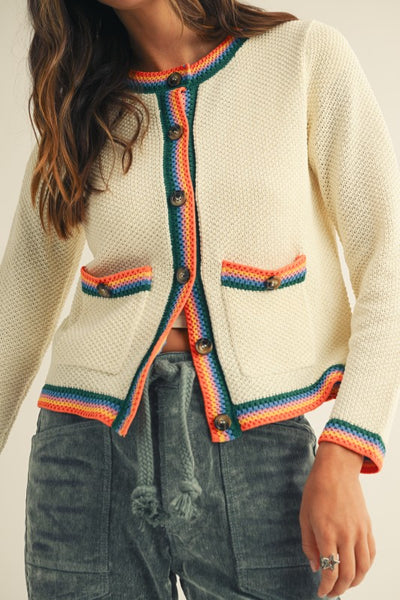 IVORY RAINBOW TRIM SWEATER CARDIGAN