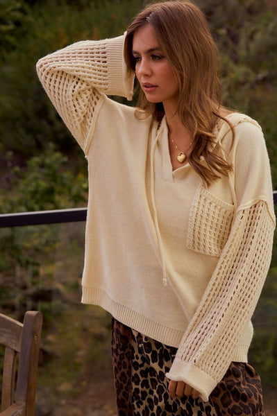 IVORY POINTELLE KNIT HOODED SWEATER