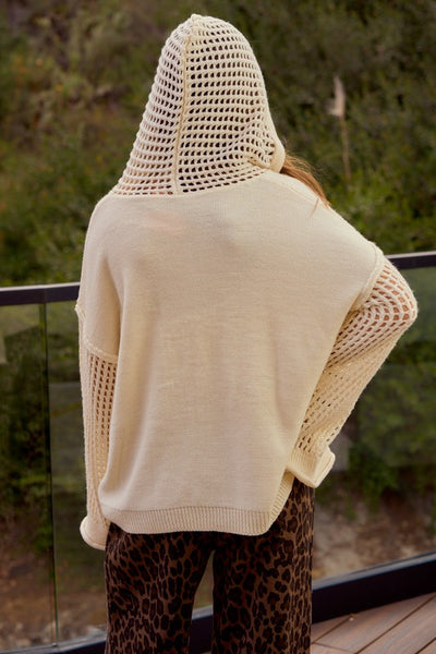 IVORY POINTELLE KNIT HOODED SWEATER
