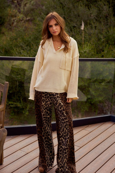 IVORY POINTELLE KNIT HOODED SWEATER