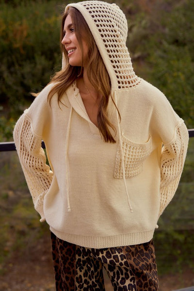 IVORY POINTELLE KNIT HOODED SWEATER