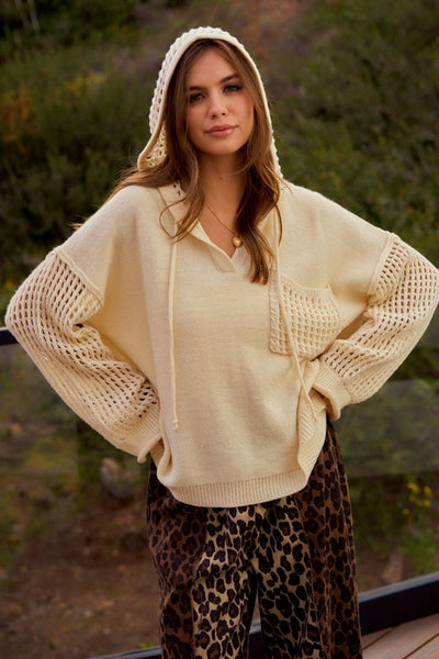IVORY POINTELLE KNIT HOODED SWEATER