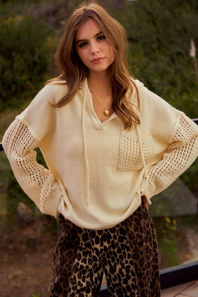 IVORY POINTELLE KNIT HOODED SWEATER