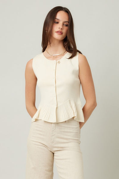 SLEEVELESS CREAM KNIT RUFFLE HEM CARDIGAN