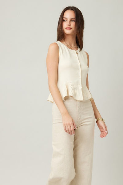 SLEEVELESS CREAM KNIT RUFFLE HEM CARDIGAN