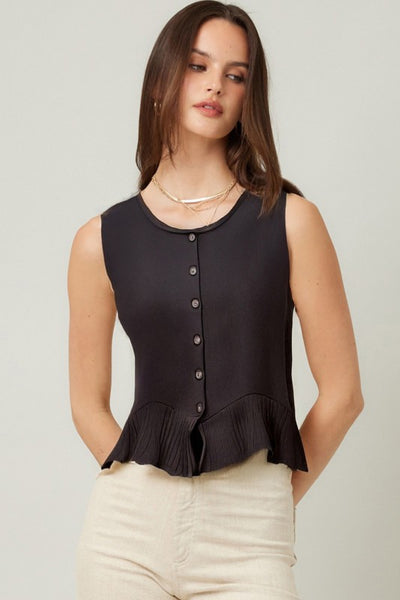 SLEEVELESS BLACK KNIT RUFFLE HEM CARDIGAN