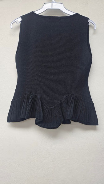 SLEEVELESS BLACK KNIT RUFFLE HEM CARDIGAN