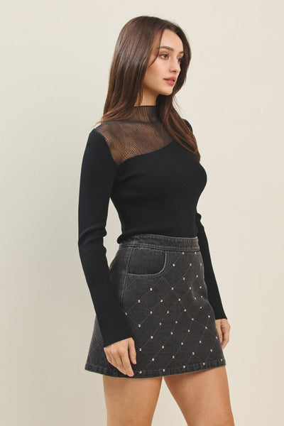 BLACK SEMI SHEER MOCK SWEATER TOP