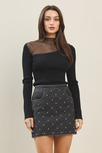 BLACK SEMI SHEER MOCK SWEATER TOP