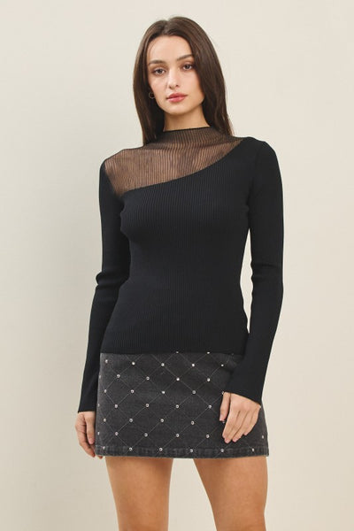 BLACK SEMI SHEER MOCK SWEATER TOP