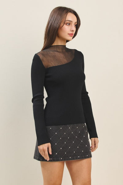 BLACK SEMI SHEER MOCK SWEATER TOP