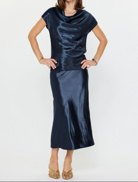 CURRENT AIR NAVY COWL NECK WOVEN TOP