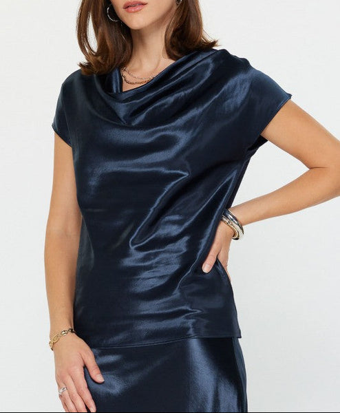 CURRENT AIR NAVY COWL NECK WOVEN TOP