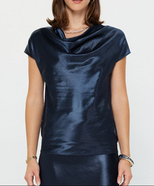 CURRENT AIR NAVY COWL NECK WOVEN TOP
