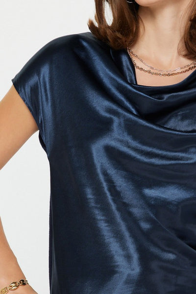 CURRENT AIR NAVY COWL NECK WOVEN TOP