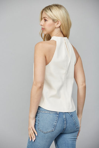 FATE ECRU FAUX LEATHER CRISSCROSS SLEEVELESS TOP