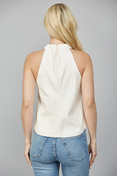 FATE ECRU FAUX LEATHER CRISSCROSS SLEEVELESS TOP