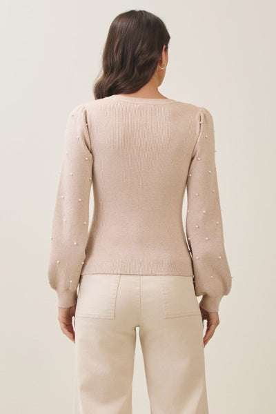 OATMEAL RIBBED SWEATER WITH PEARL DETAIL