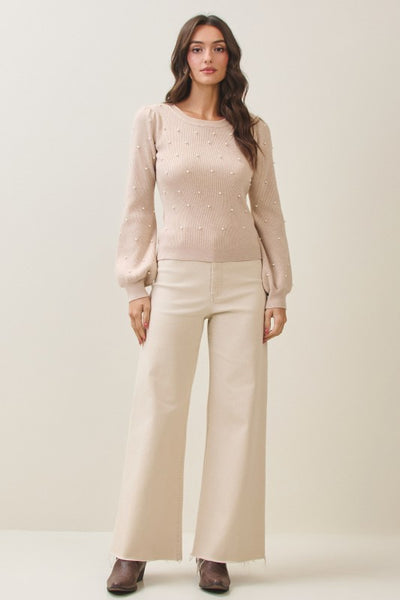 OATMEAL RIBBED SWEATER WITH PEARL DETAIL