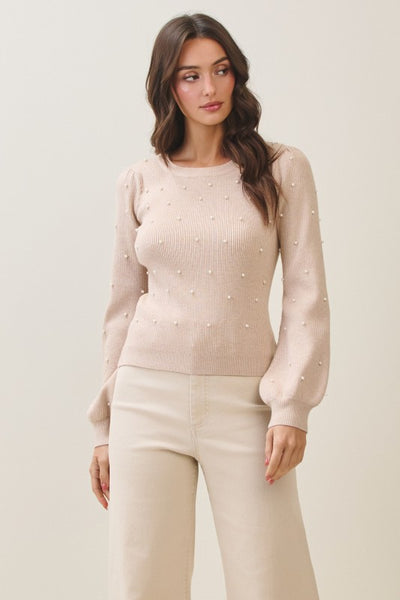OATMEAL RIBBED SWEATER WITH PEARL DETAIL
