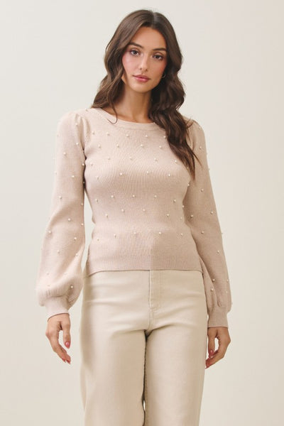 OATMEAL RIBBED SWEATER WITH PEARL DETAIL